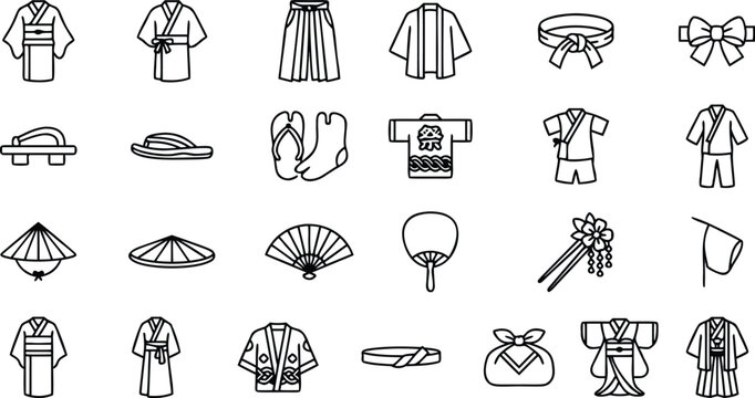 Japanese traditional clothing and accessories icons set on white background
