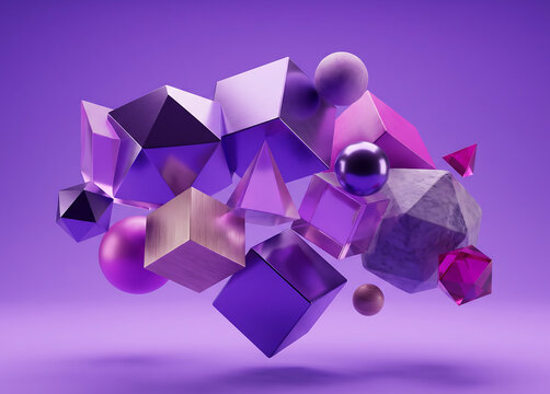 Geometric shapes floating on purple