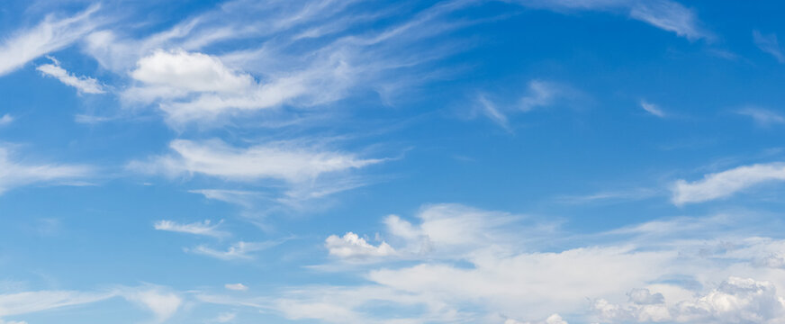 Panoramic blue sky with thin cirrus clouds on clear day