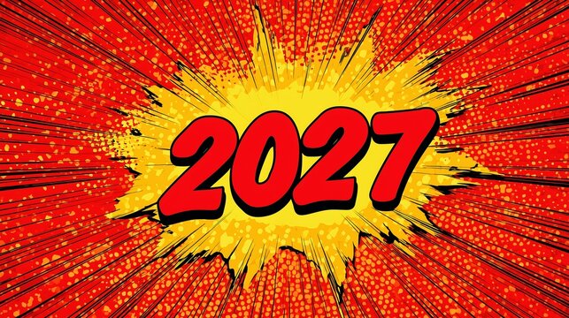 Retro comic book explosion bursts with bold new year 2027 text