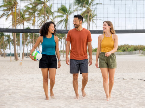 Group of people walking on beach after playing Volleyball