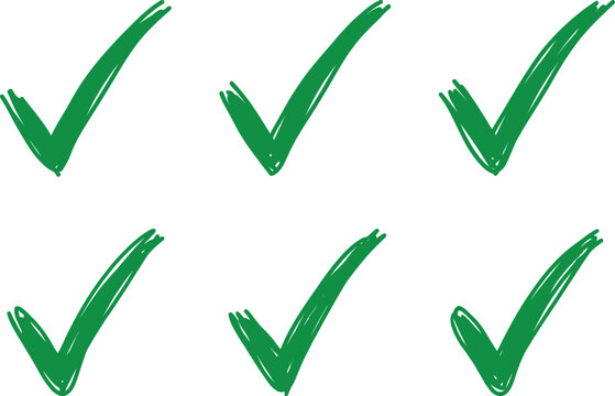Hand drawn green check mark icon set, tick marks for approval, correct choice, voting, survey, right and success symbols