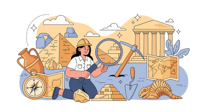 Female archaeologist kneeling and using magnifying glass to examine ancient historical artifacts, pyramids, temple ruins, and fossils.