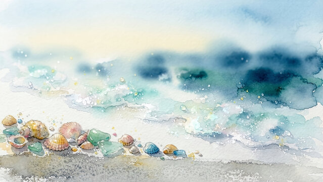 Watercolor illustration of seashells and sea glass on a sandy beach with ocean waves.