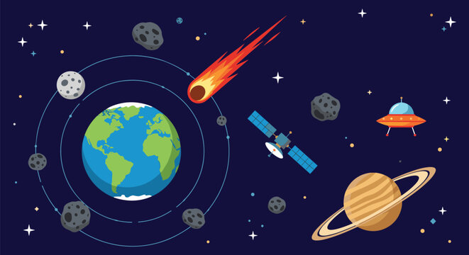 Outer space exploration banner featuring planet Earth, Saturn, meteor, research satellite, and alien UFO.