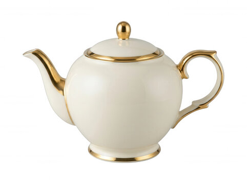 White porcelain teapot with gold trim isolated on a transparent background