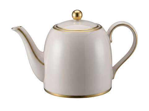 White teapot with gold accents isolated on a transparent background handle