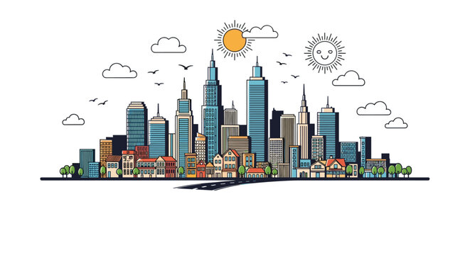 Beautiful hand drawn modern city skyline illustration with tall skyscrapers and small houses under the sun.