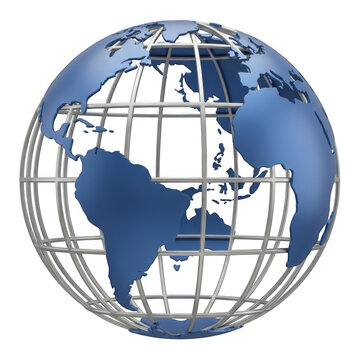 Wireframe globe with continents and oceans isolated on a transparent background earth