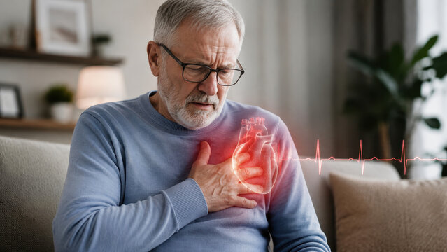 Senior man experiencing heart arrhythmia symptoms with ECG and cardiac illustration