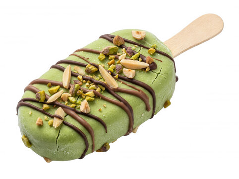 Pistachio ice cream bar with nuts and chocolate isolated on a transparent background