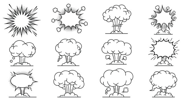 Large collection of comic book style explosion clouds and empty speech bubbles hand drawn vector set on white.