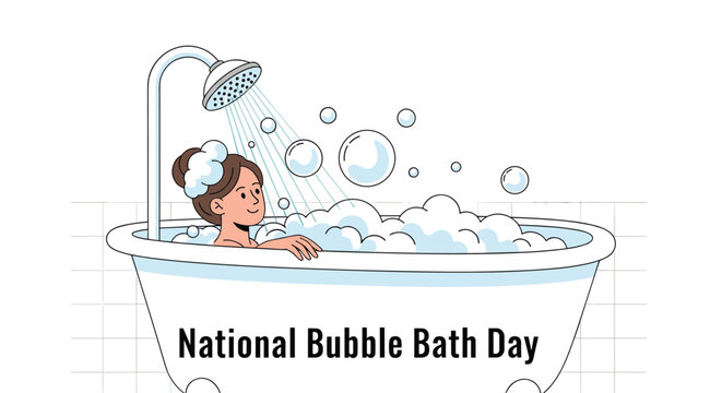 National bubble bath day banner featuring happy young woman relaxing in cozy white bathtub with hot soapy foam.