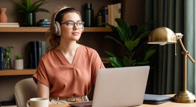 Online student using headphones for online study and coursework presents lessons through coursework, placing online study beside college learning, alongside credible online priorities