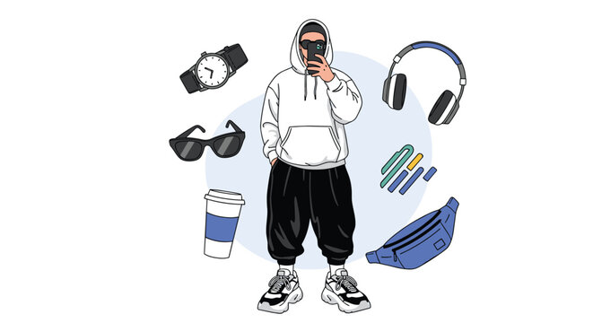 Young man wearing white hoodie and black trousers surrounded by fashion accessories and gadgets icons.
