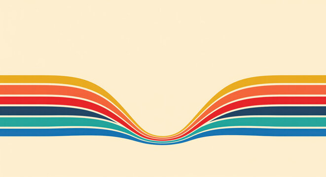 Seventies rainbow wave background brings flowing spectrum ribbons to a spacious retro graphic for music festival posters, album covers, web banners and nostalgic advertising layouts
