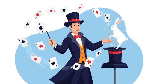 Magician holding magic wand and pulling white rabbit out of black top hat with flying playing cards.
