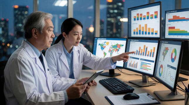Asian medical pros analyze patient data charts on multiple screens in office. Man and woman in lab coats review global health trends and satisfaction metrics.