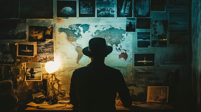 In a dimly lit room, a conspiracy theorist studies maps adorned with UFO sightings. Surrounded by photos on the walls, they piece together enigmatic stories of the unknown