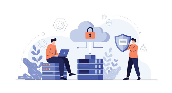 IT professionals protecting cloud computing database with a security shield and secure padlock on servers.