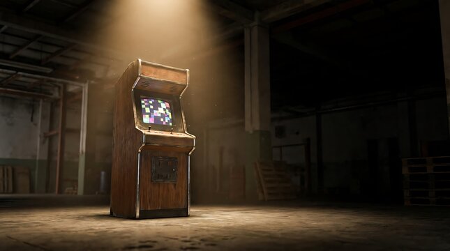 A vintage arcade machine stands illuminated by a beam of light in the center of a dark abandoned warehouse