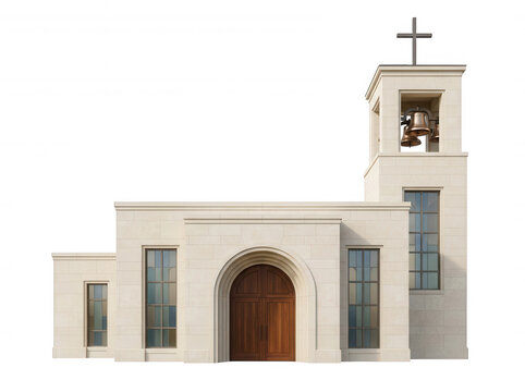 White church facade with arched wooden door and bell tower isolated on a transparent background