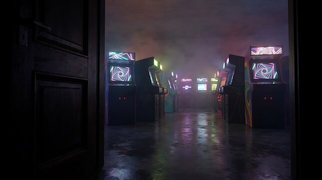 A view through a doorway into a dark, foggy room filled with glowing retro arcade machines and shiny wet floors