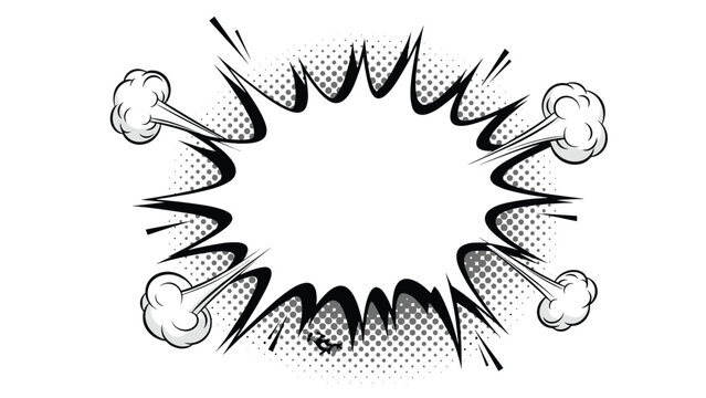 Blank retro comic book explosion speech bubble with classic black burst lines and grey halftone dot shading on white.