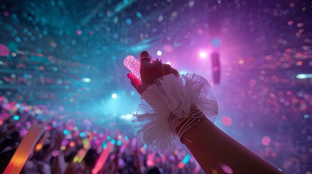 Vibrant concert crowd holding up glowing light sticks and foam batons amidst colorful stage lighting.