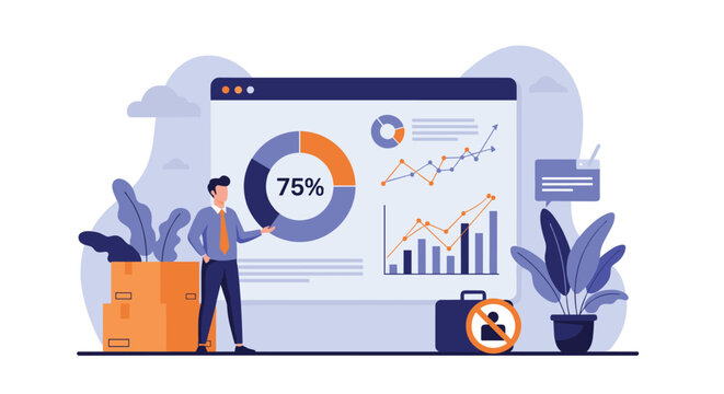 Staff reduction and unemployment concept with a worker pointing at business graphs showing seventy five percent on computer screen.