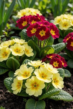 Yellow and crimson primroses bloom in garden soil. Springtime flowers grow with green leaves. Floral carpet in nature, vibrant colors in sunlight.