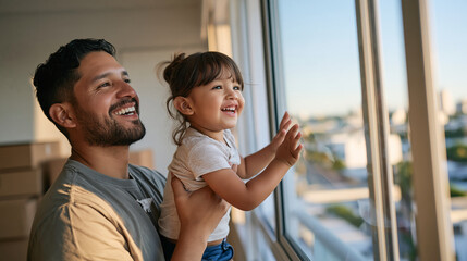 Obraz premium Peruvian father lifting his young daughter to see out a high apartment window for the first time after moving in, boxes stacked behind them, her small hands pressed to the glass