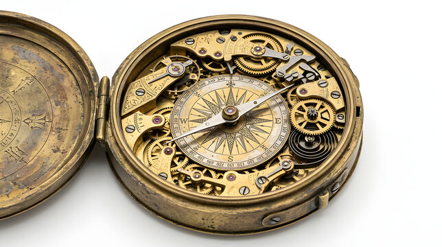 Antique brass pocket watch mechanism with intricate gears and internal clockwork movement