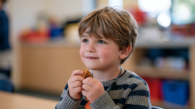 Child with gap teeth clutches a knobby sensory chew necklace in a school quiet room waiting for the hallway crowd to clear, autism elopement prevention, transition support,