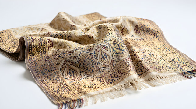 Elegant beige paisley pashmina shawl with intricate embroidery on a white background.