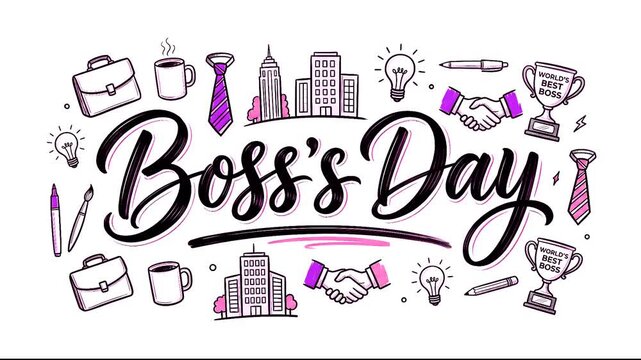 Boss's Day lettering banner with hand drawn business office supplies and trophy doodles
