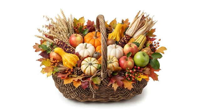 A rustic wicker basket filled with colorful autumn harvest vegetables pumpkins gourds and fall foliage isolated on white background