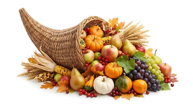 Traditional thanksgiving cornucopia filled with fresh autumn harvest fruits vegetables and grains isolated on a white background