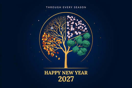 Happy new year 2027 greeting card featuring a four seasons tree inside a golden ring on a dark blue background