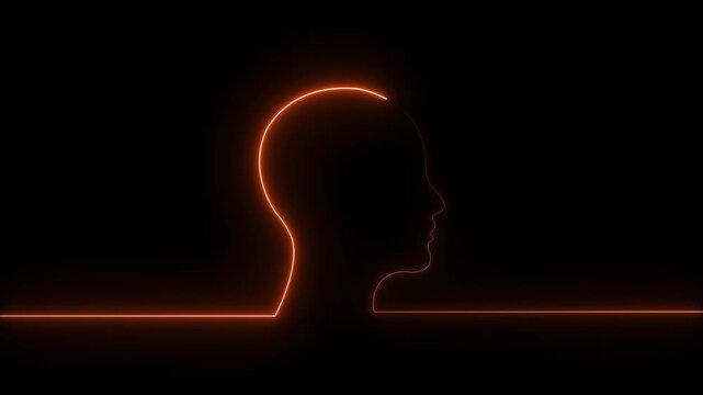 Glowing neon line human head with question mark icon  animation on black background. Neon glowing question mark with man head icon. 4k video