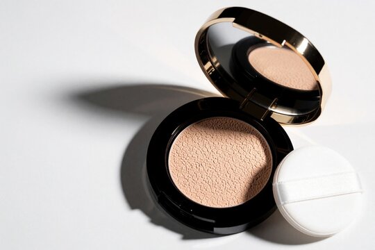 Opened makeup compact powder has beige foundation and puff next to it. Golden trim lid reflects light on white surface with shadow. Beauty product for smooth skin.