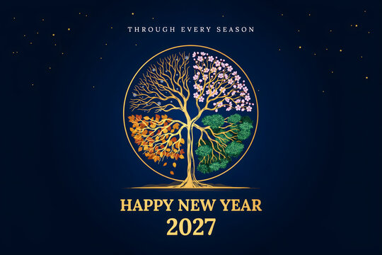 Happy new year 2027 greeting card featuring a four seasons tree inside a golden circle on a dark blue background, with starry sky