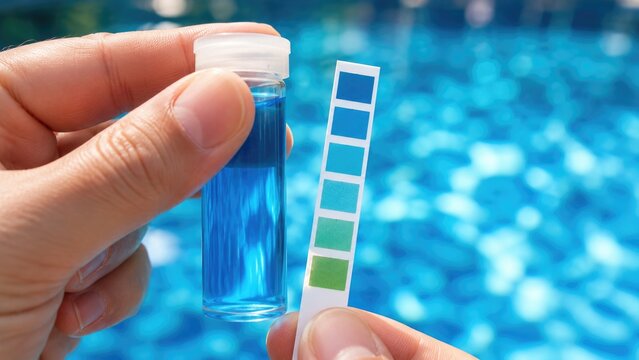 Swimming Pool Water Testing with Sample Vial and Chemical Test Strip