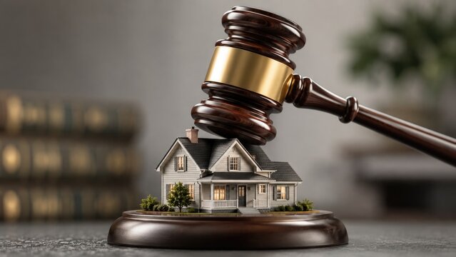 Judge Gavel Over Model House Representing Real Estate Law Property Dispute and Foreclosure