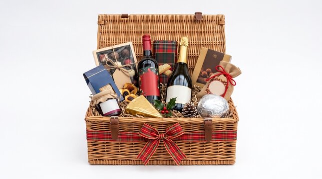 Luxurious Wicker Gift Basket Filled With Gourmet Foods and Drinks