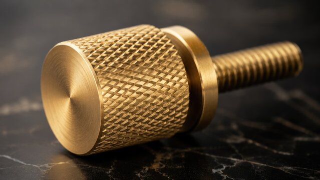 Close Up of Precision Machined Brass Knurled Thumb Screw with Threaded Shaft on Dark Surface