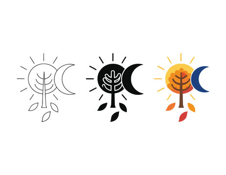 Autumn equinox tree inside sun ray circle combined with crescent moon shape design set.