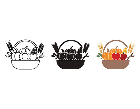 Autumn harvest basket with pumpkins and wheat icon set in outline solid colored vector.