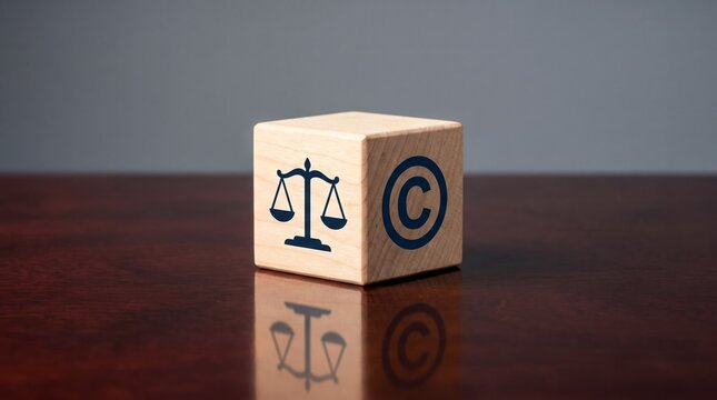 Wooden cube displaying symbols of justice scales and copyright protection for intellectual property law concepts on a dark reflective surface