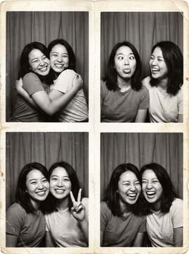 East Asian friends laughing and hugging in vintage photo strip